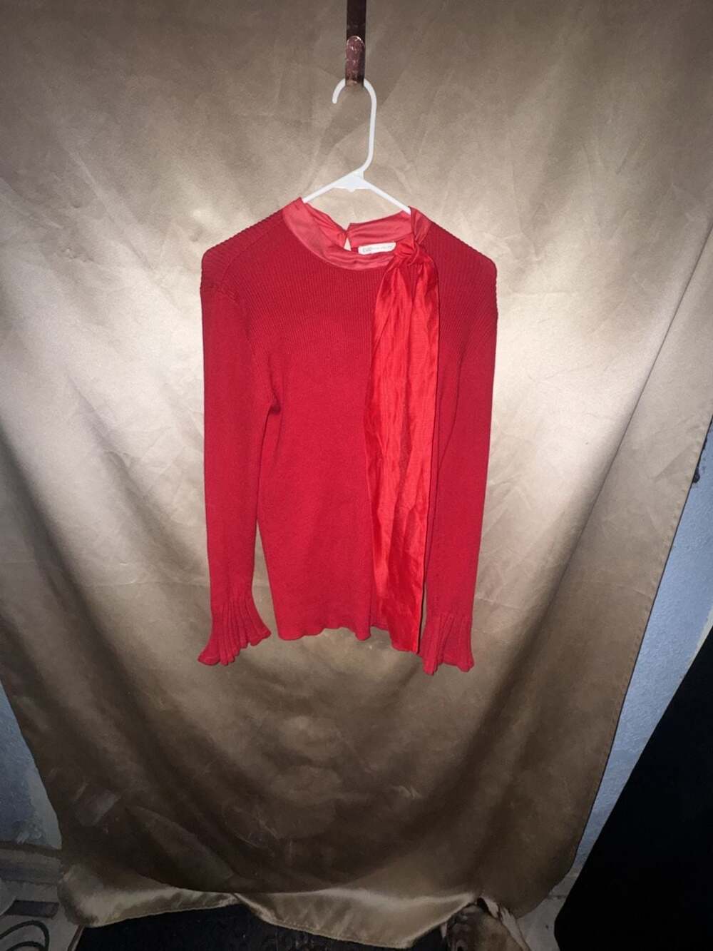 Cato Plus Sportswear Red Ribbed Long Sleeve Pullover Sweater with Satin Tie Neck